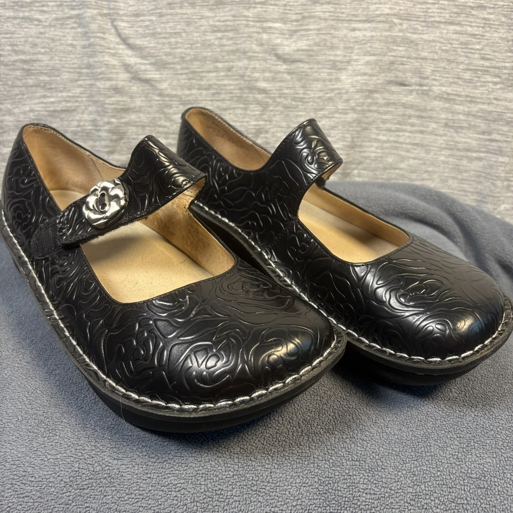 Alegria Paloma Black Embossed Rose Mary Jane Shoes Size 39 US 8-9